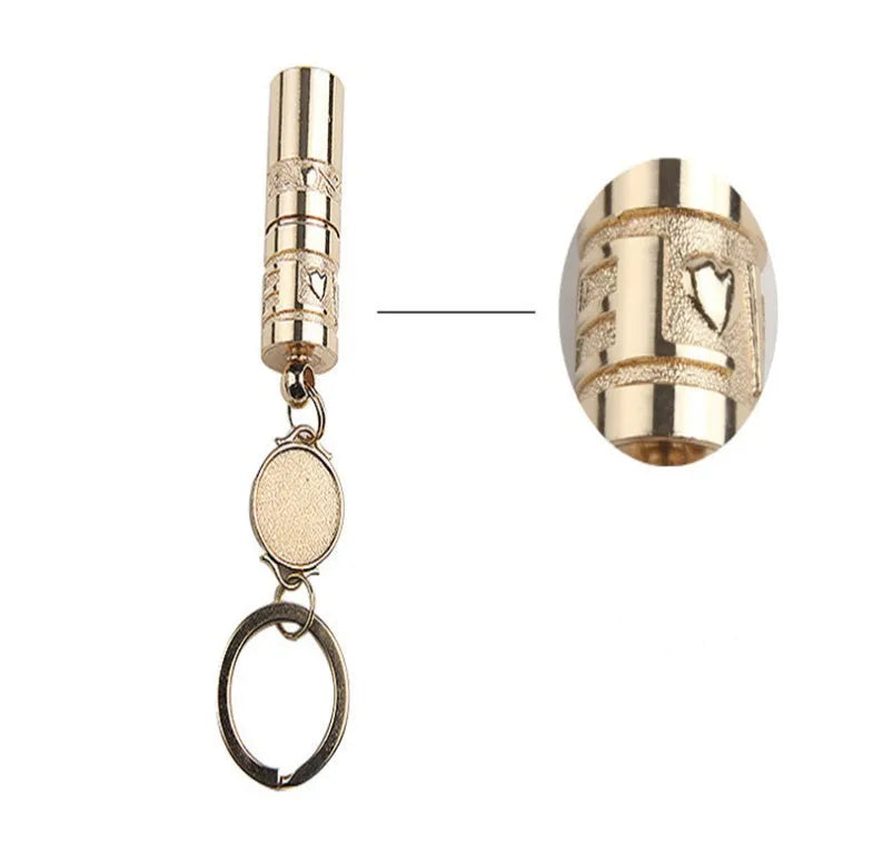 Gold-colour zinc alloy waterproof mini LED flashlight on a keychain ring.