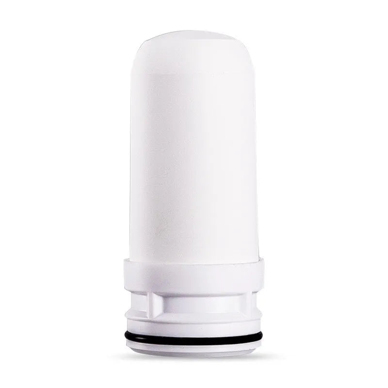 White cylindrical diatom ceramic water filter element measuring 43mm by 100mm.