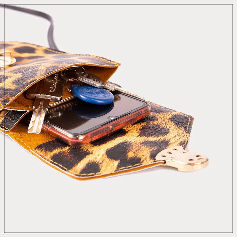 Retro leopard print PU leather phone bag for 5 inch smartphones with lock closure and crossbody strap