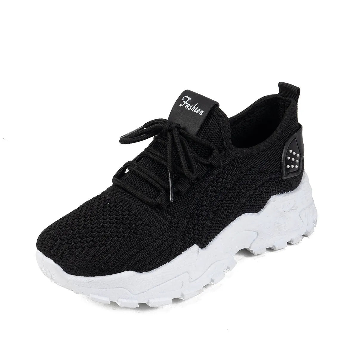 Women's white Flyknit mesh casual sports shoes with flat heel and lace-up front on a plain background.