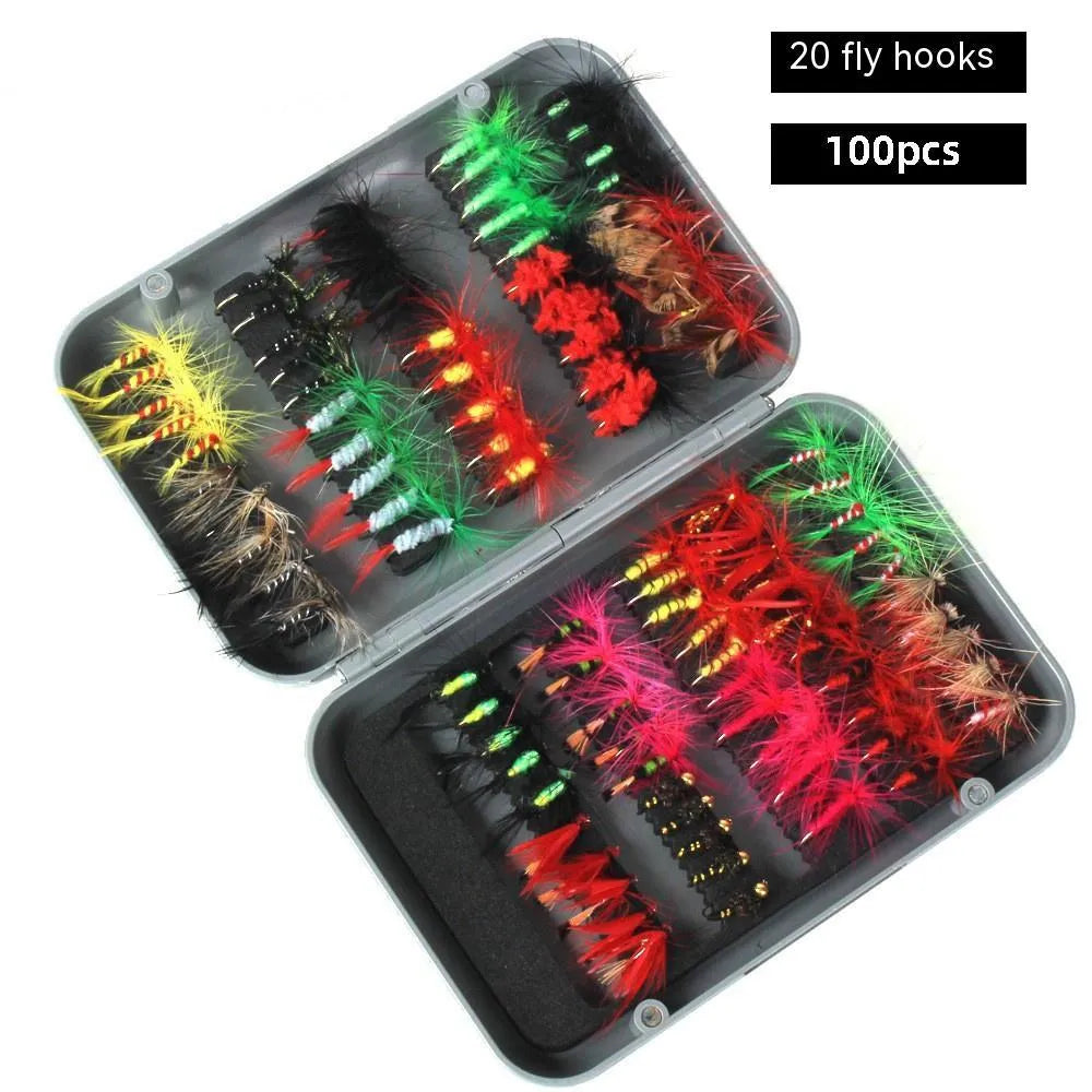Fishing Gear 100 Fly Bait Set in 81089 colour box with real feathers and sharp hooks