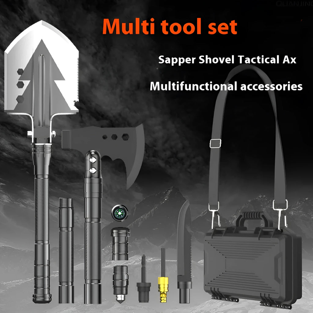 Black multi functional military shovel set with axe and survival tools, 80cm length