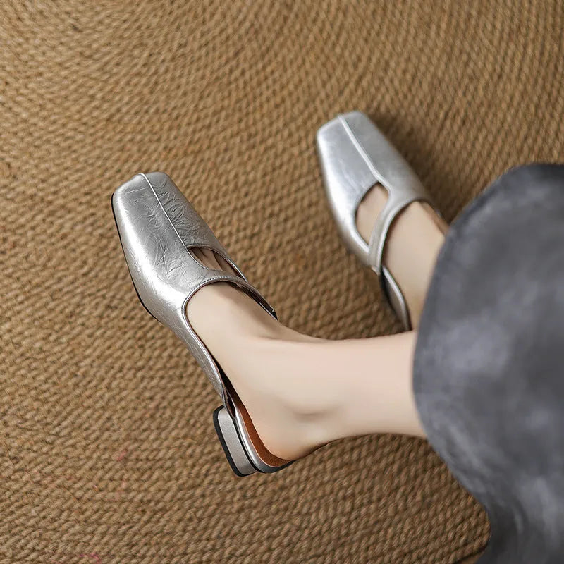 Square toe low heel outdoor slippers in black, beige, or silver colours.