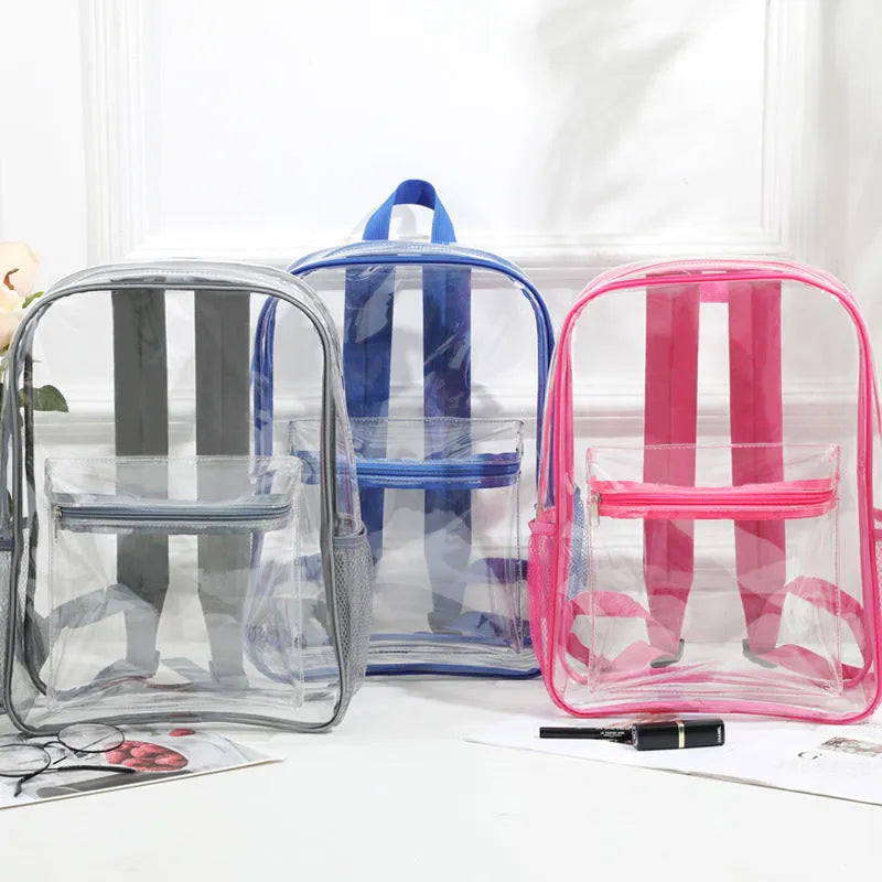Large transparent PVC travel backpack in black, shown from the side, suitable for airport security and events.