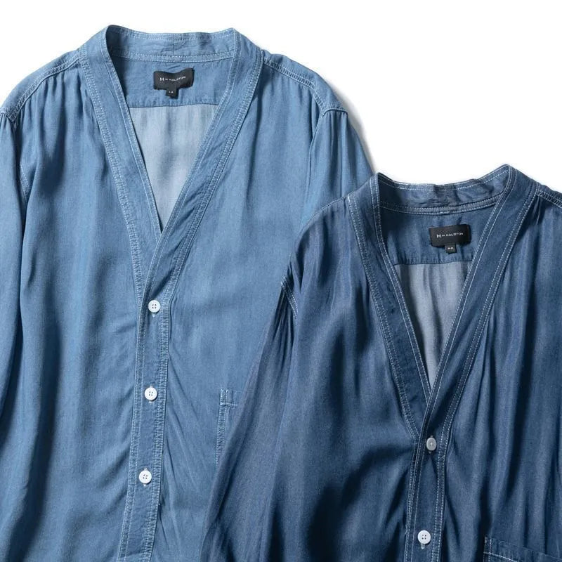 Men's dark blue V-neck denim coat with three-quarter sleeves and loose casual fit