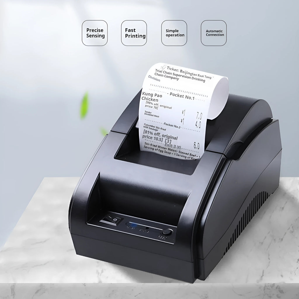 Desktop Bluetooth thermosensitive receipt printer in black with paper roll loading compartment, 90mm/s speed, for supermarket and takeout use