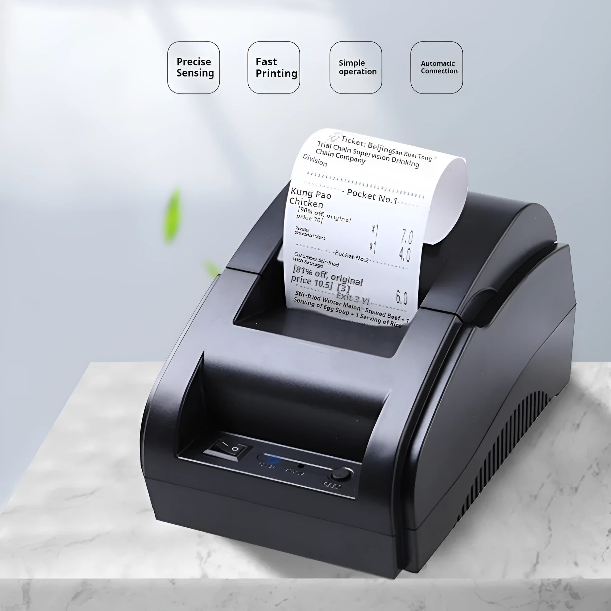 Desktop Bluetooth thermosensitive receipt printer in black with paper roll loading compartment, 90mm/s speed, for supermarket and takeout use