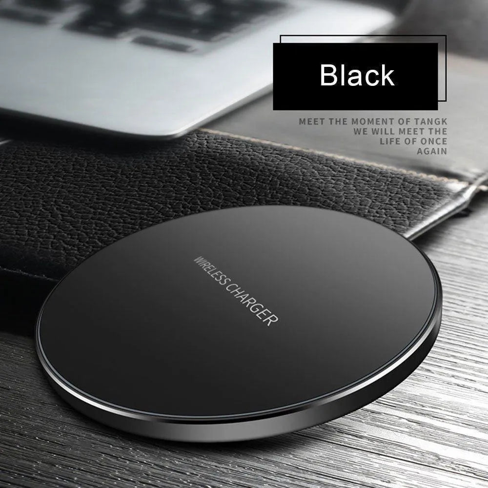 Black ultra-thin wireless charging pad with USB cable for 9V fast charging