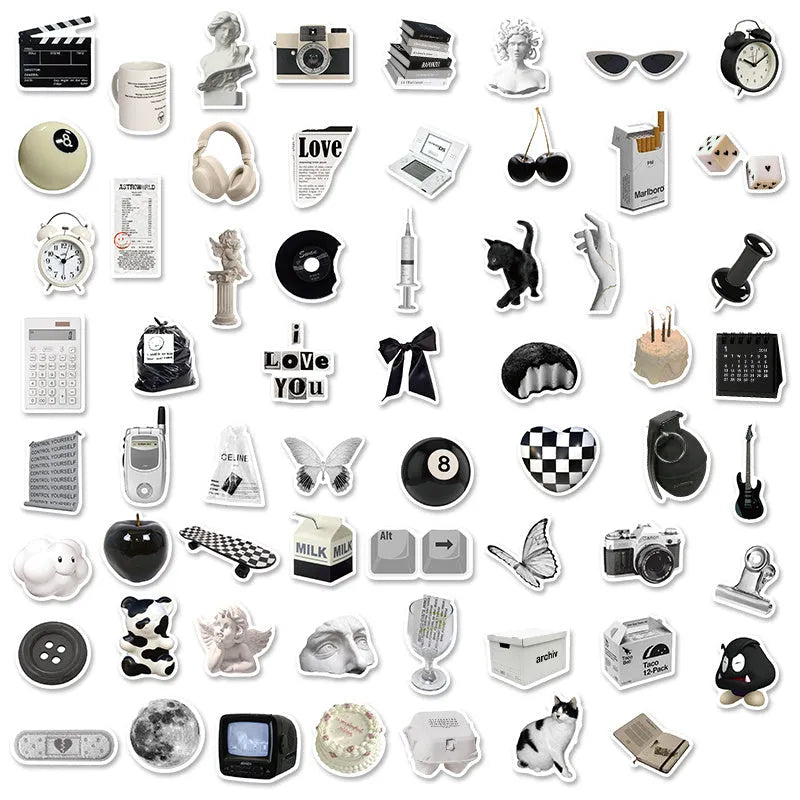 61-piece black and white waterproof PVC sticker set for laptops, phones, and cups.