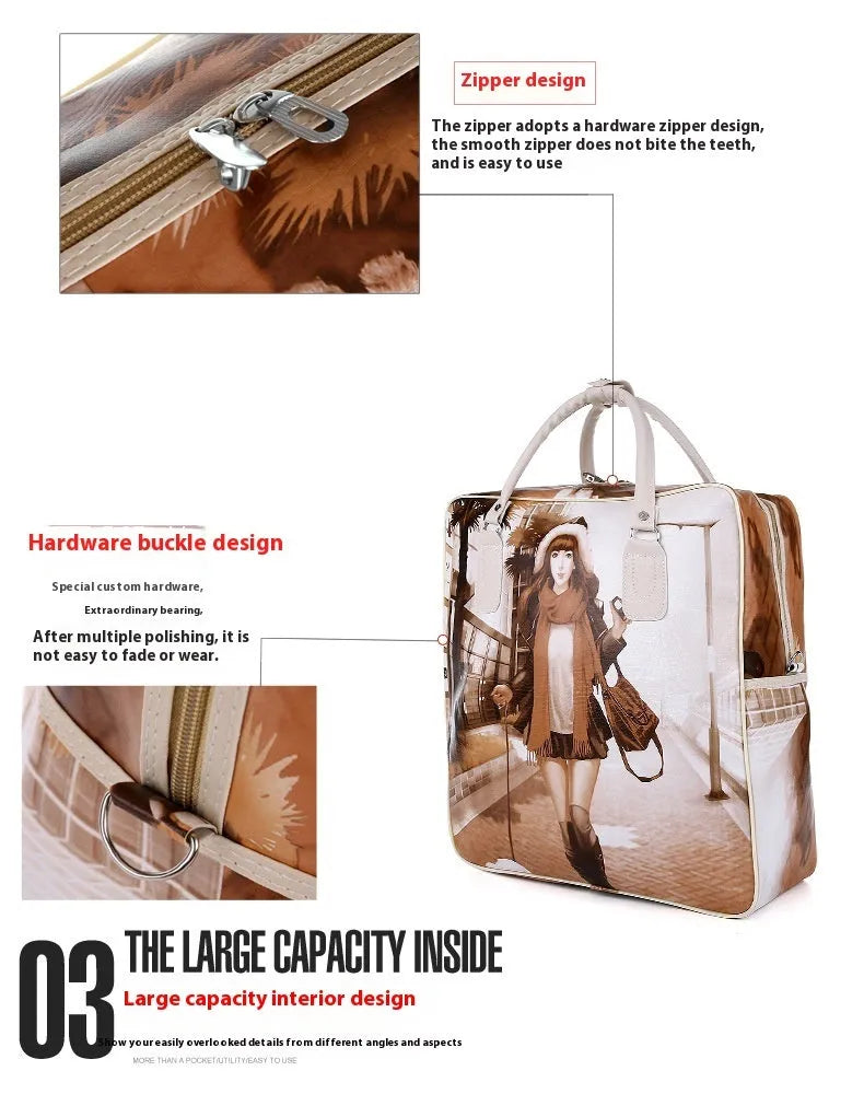 Medium square purple and pink cartoon style PU leather travel bag with a soft handle and outer pockets.