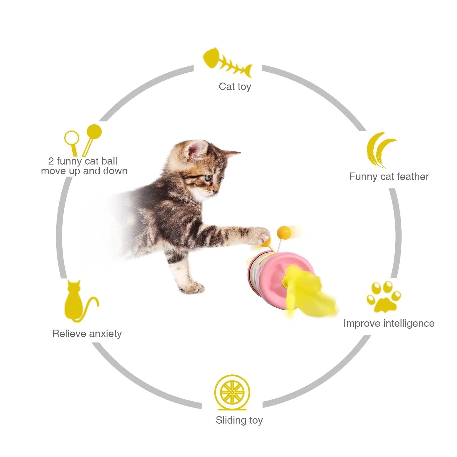 Interactive cat toy with feather ball on stick and separate balance tumbler in multiple colour options