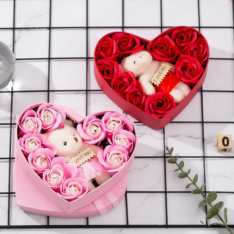 Heart-shaped red gift box containing natural fragrance soap roses for handwashing and bathing