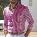 Men's slim striped long sleeve polyester shirt in blue, front view, for youth business commute wear