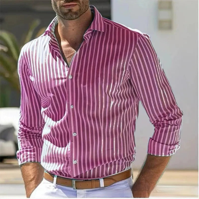 Men's slim striped long sleeve polyester shirt in blue, front view, for youth business commute wear