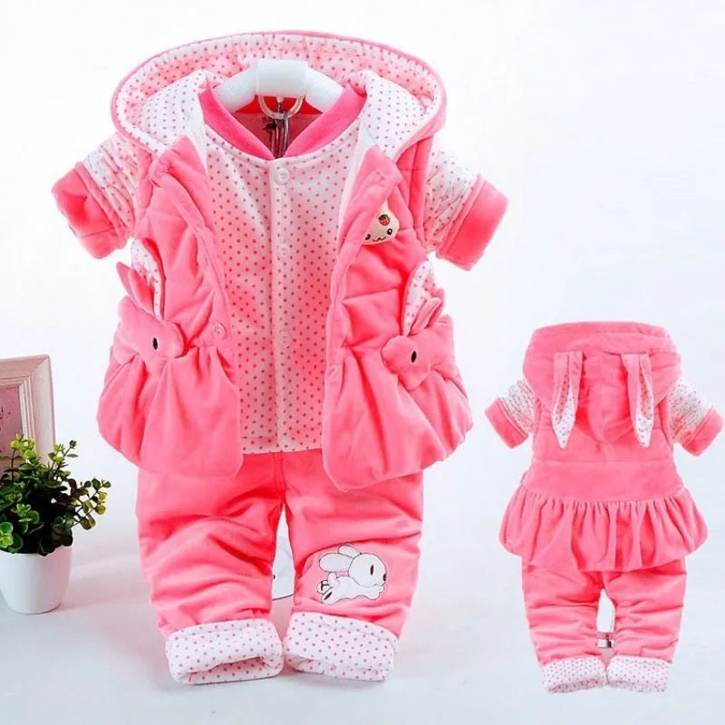 Baby girl's pink autumn winter three-piece flannel clothing set with jacket, trousers, and vest