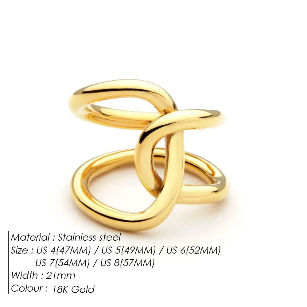 Women's adjustable stainless steel ring with geometric knot design on U-shaped opening