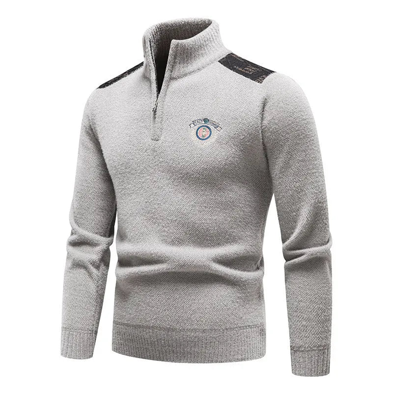 Men's velvet stand collar sweater in thickened fabric, shown in beige, dark grey, black, and navy blue colours.