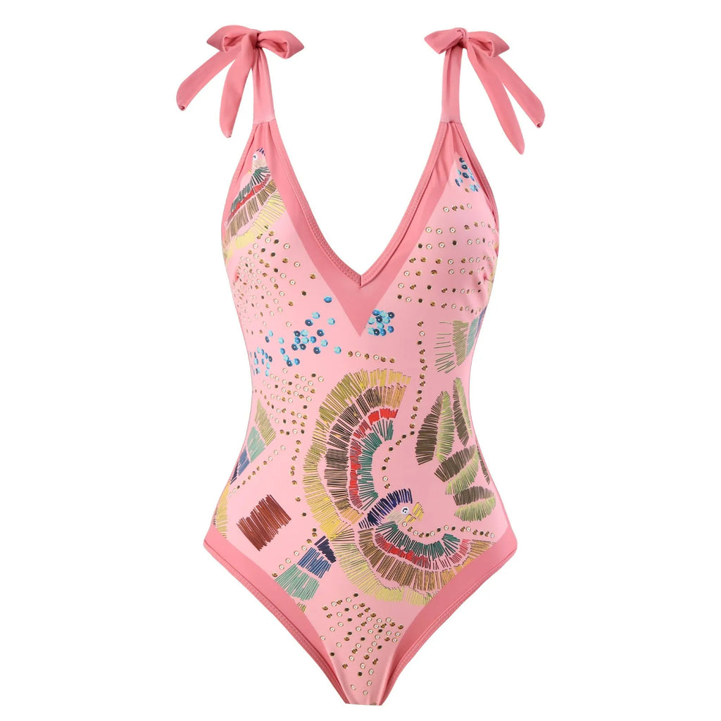Blue French retro one-piece swimsuit with gauze skirt on a beach setting