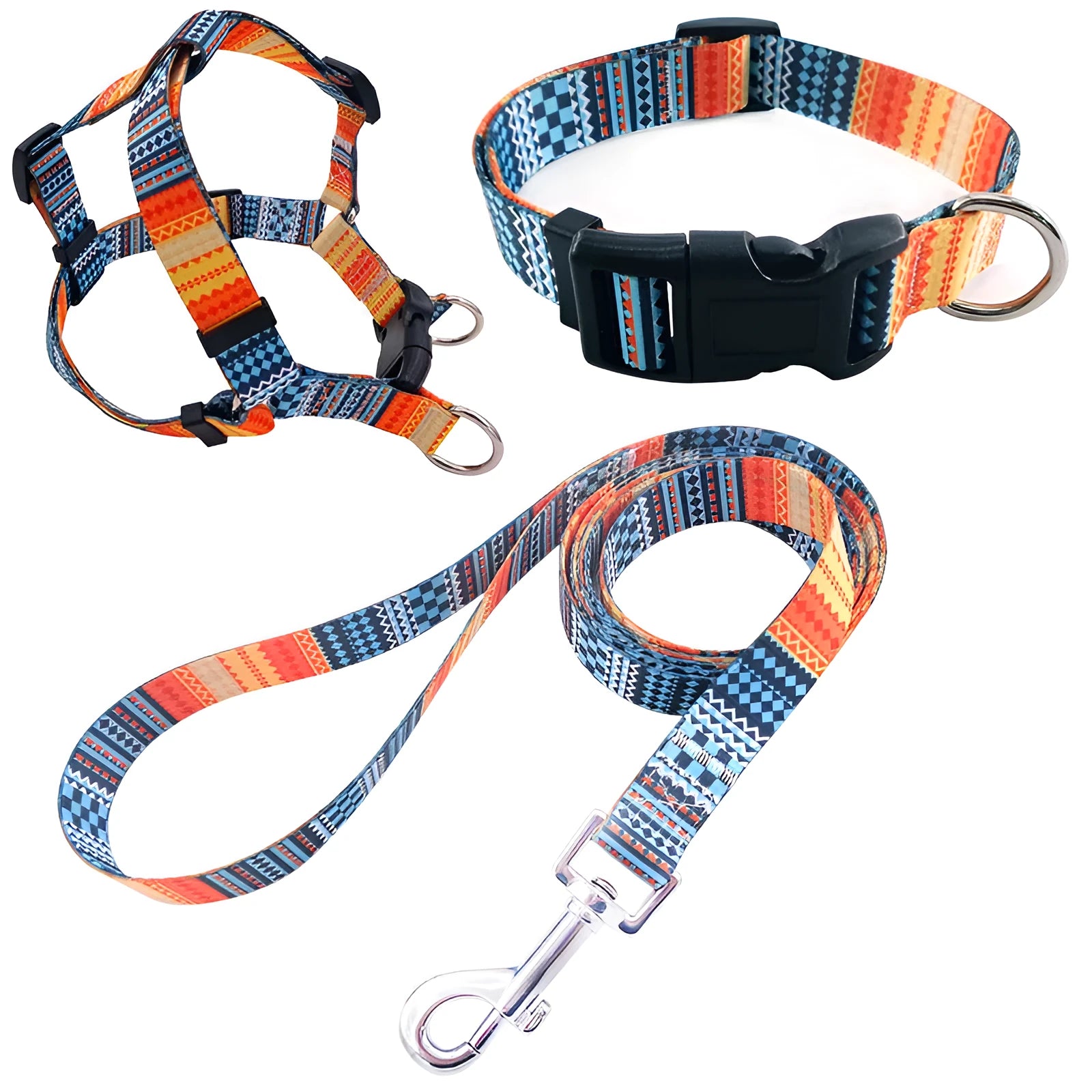 Printed polyester dog walking set with collar, adjustable chest strap and rope leash in multiple colour patterns