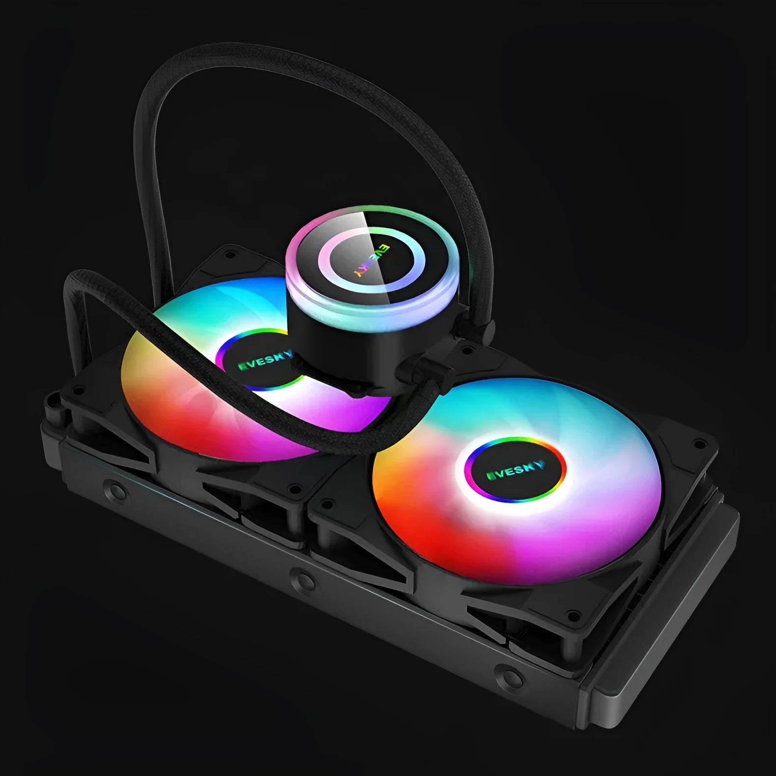 Aluminium CPU radiator with RGB fan in 120mm, 240mm, and 360mm sizes for quiet PC cooling.