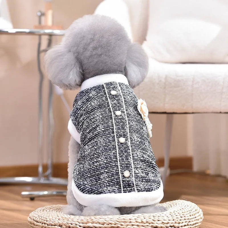 Black PU leather sausage-shaped dog jacket with zip, modelled on a small dog.