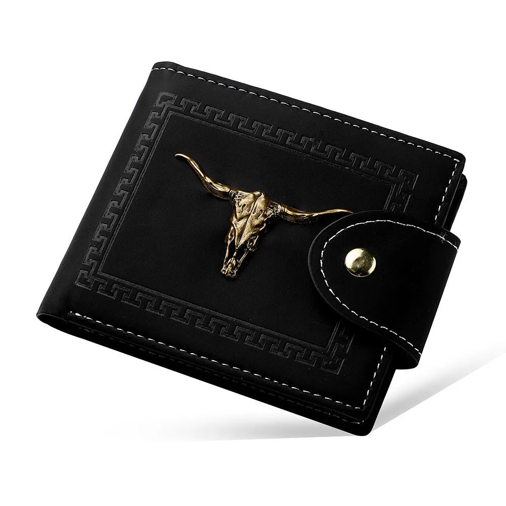 Black animal print men's wallet with a silver zip and multiple card slots.