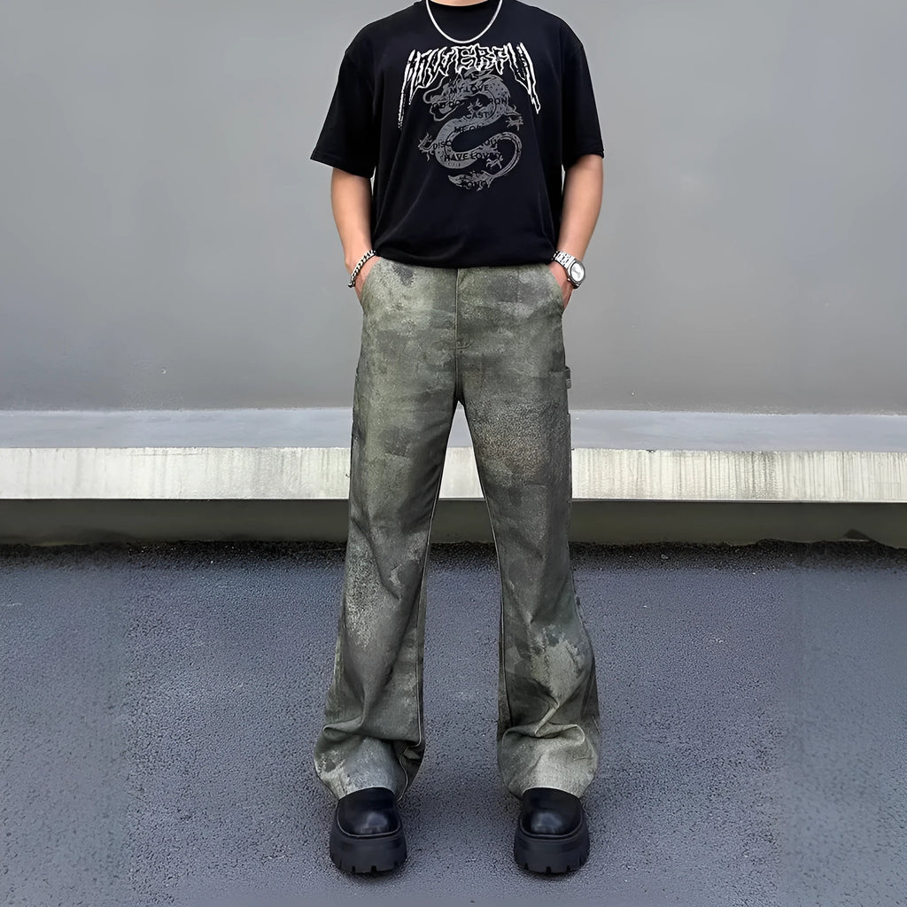 Men's straight-leg jeans with digital camouflage pattern in picture colour, showing mid-waist design and cotton denim fabric