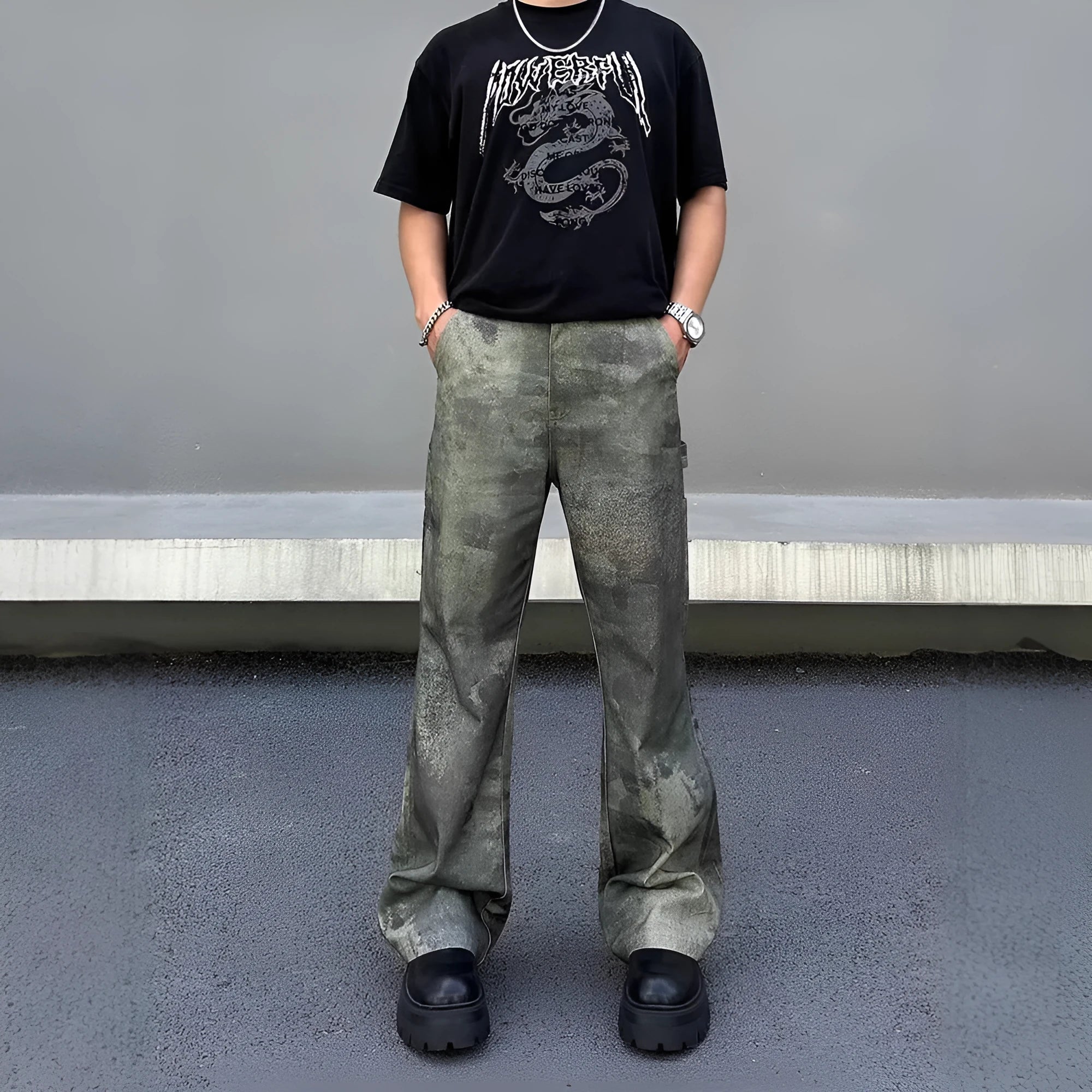 Men's straight-leg jeans with digital camouflage pattern in picture colour, showing mid-waist design and cotton denim fabric