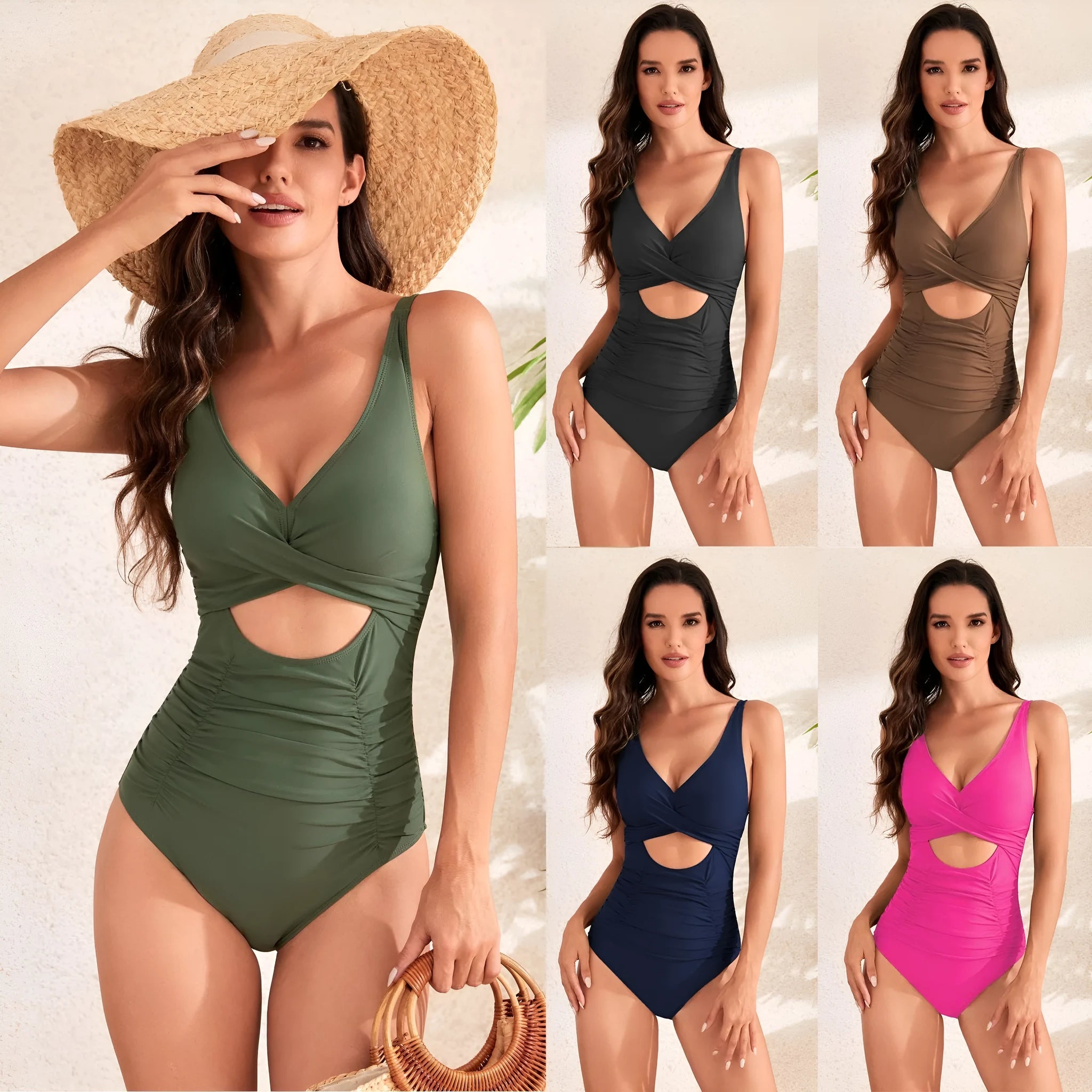 Solid colour cross pack pleating high waist one-piece swimsuit in nylon fabric