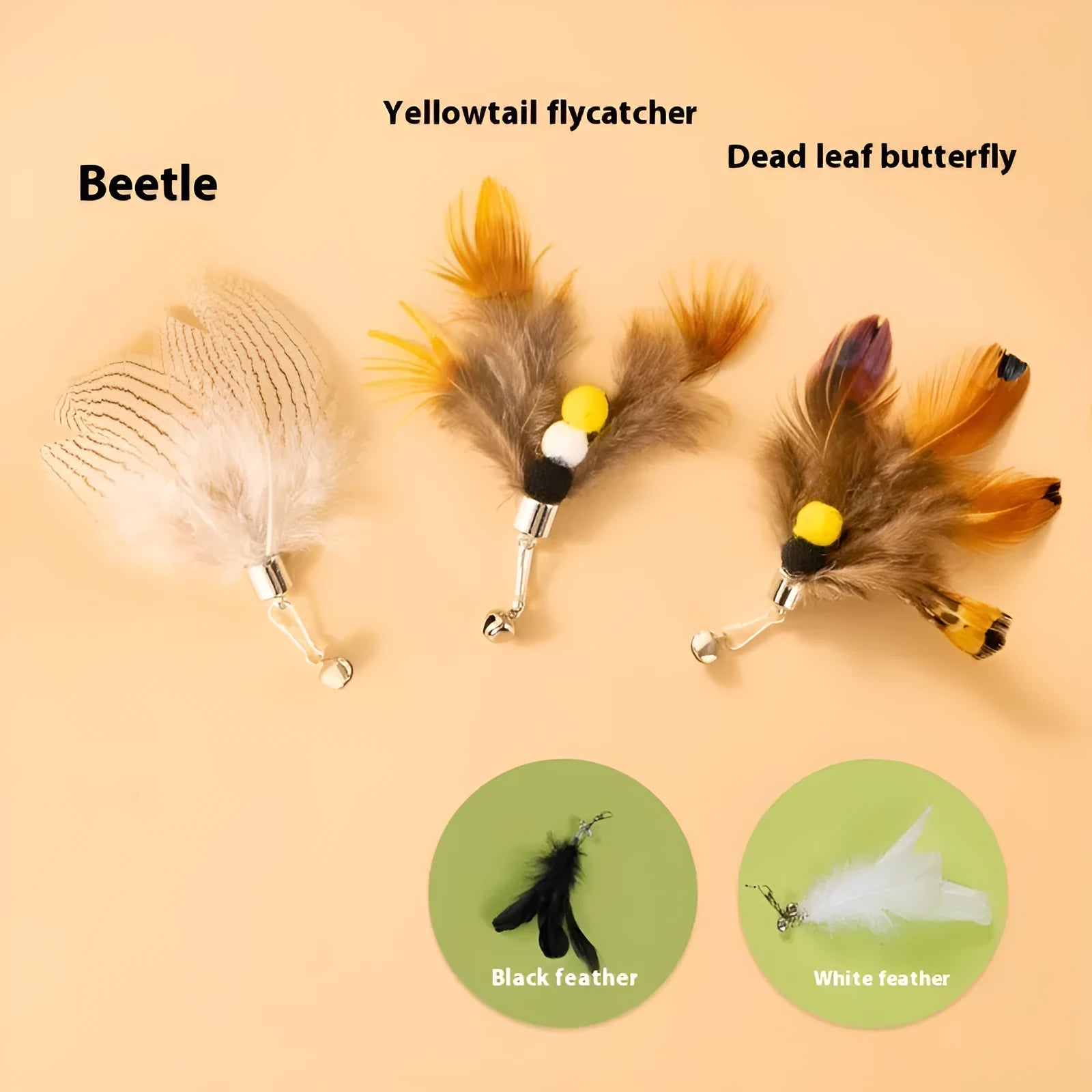 Three steel wire cat toy replacement heads in small flying insect designs on a white background.