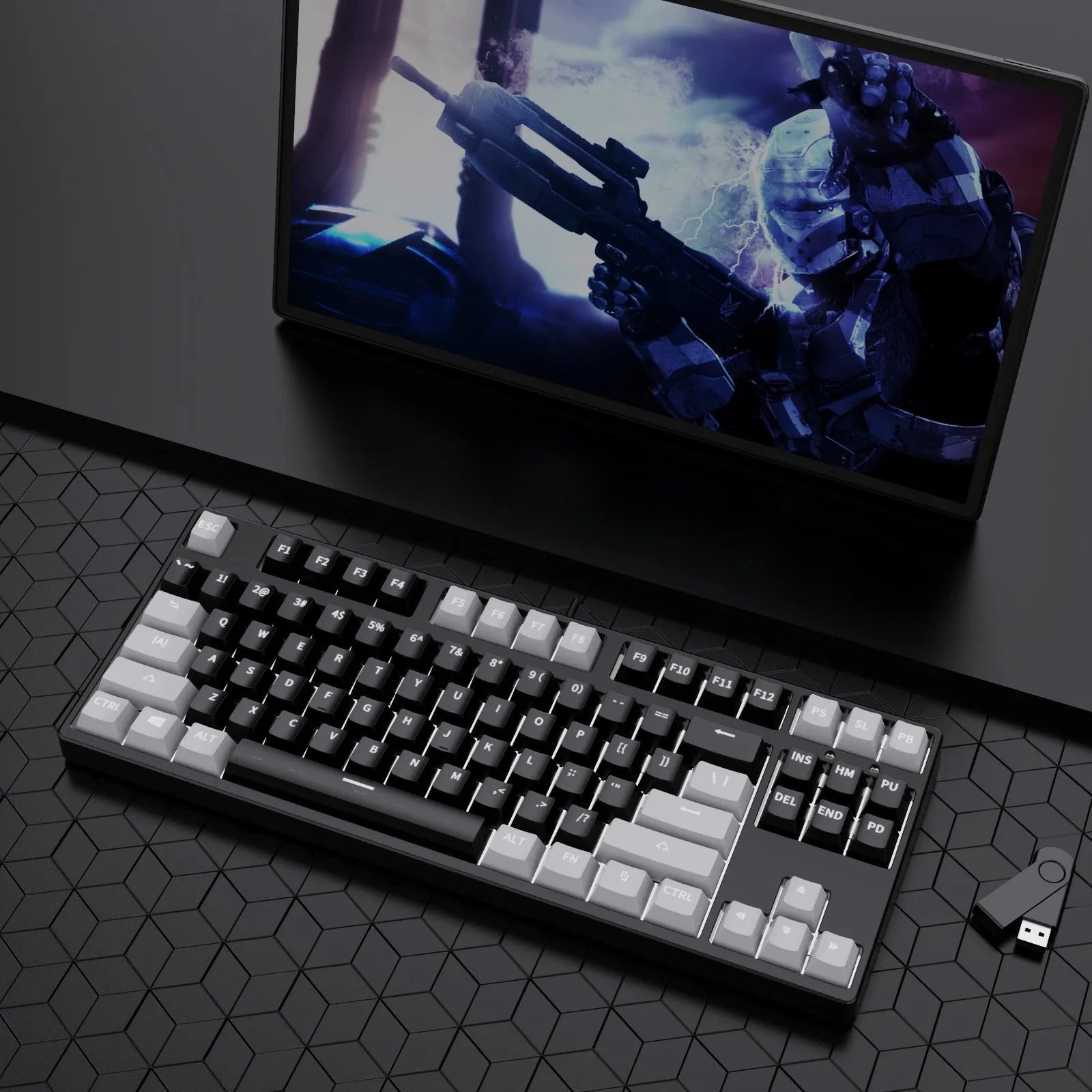 87-key hot-swappable mechanical keyboard with dual-colour backlighting and metal construction.