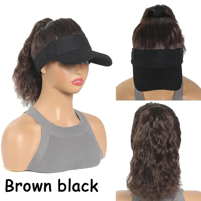 Women's short hooded wig with horse tail waves in domestic silk hair on a display stand.