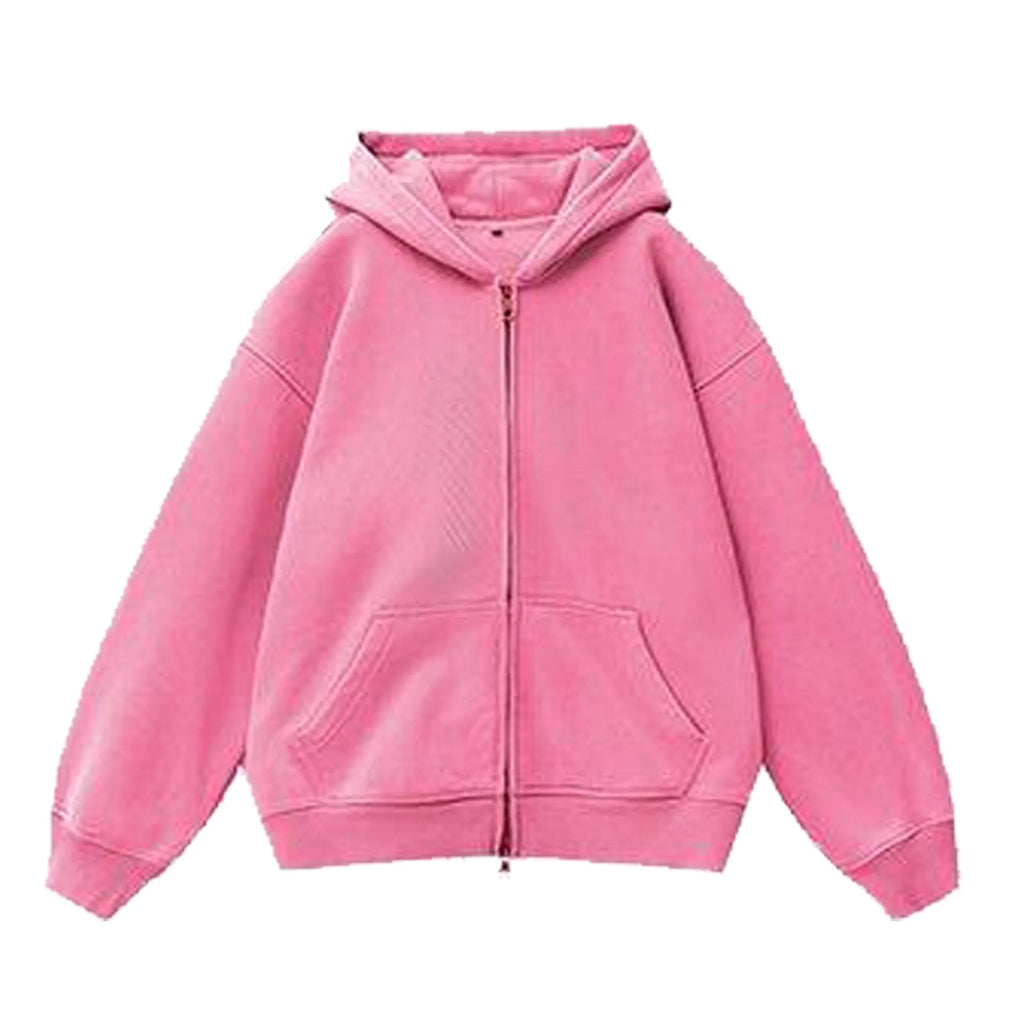 Women's distressed fleece-lined hooded cardigan sweater in a loose fit with patch pockets.