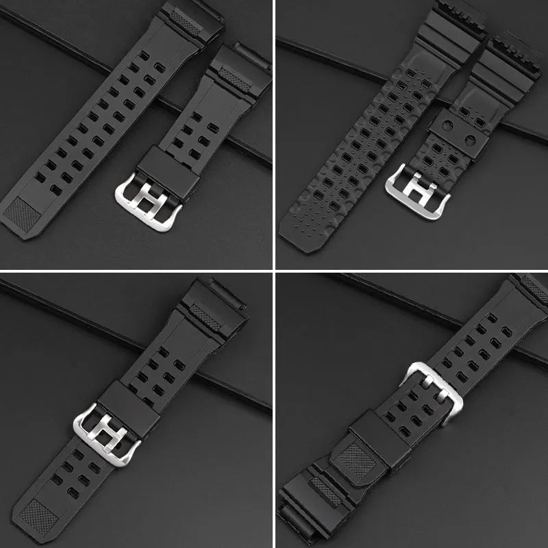TPU camouflage pattern watch strap with silver buckle on a grey background.