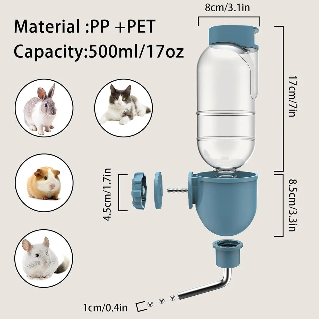Blue small animal water bottle with rotatable nozzle attached to cage bars