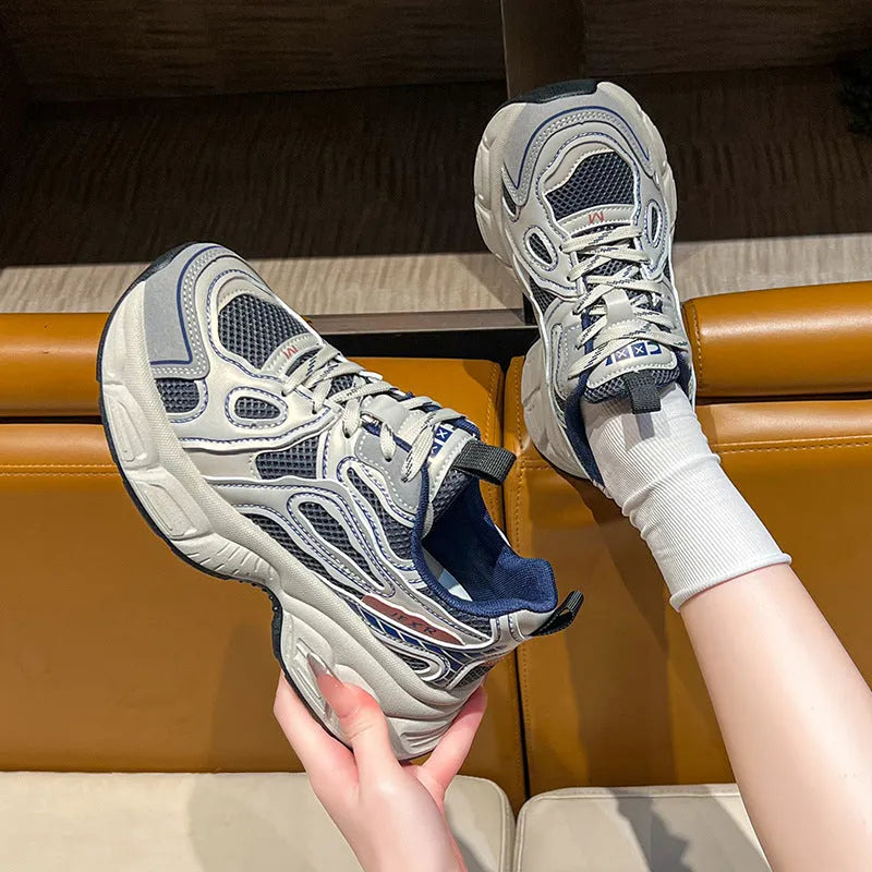 Women's casual breathable mesh board shoes in gray with thick rubber sole and front lace-up