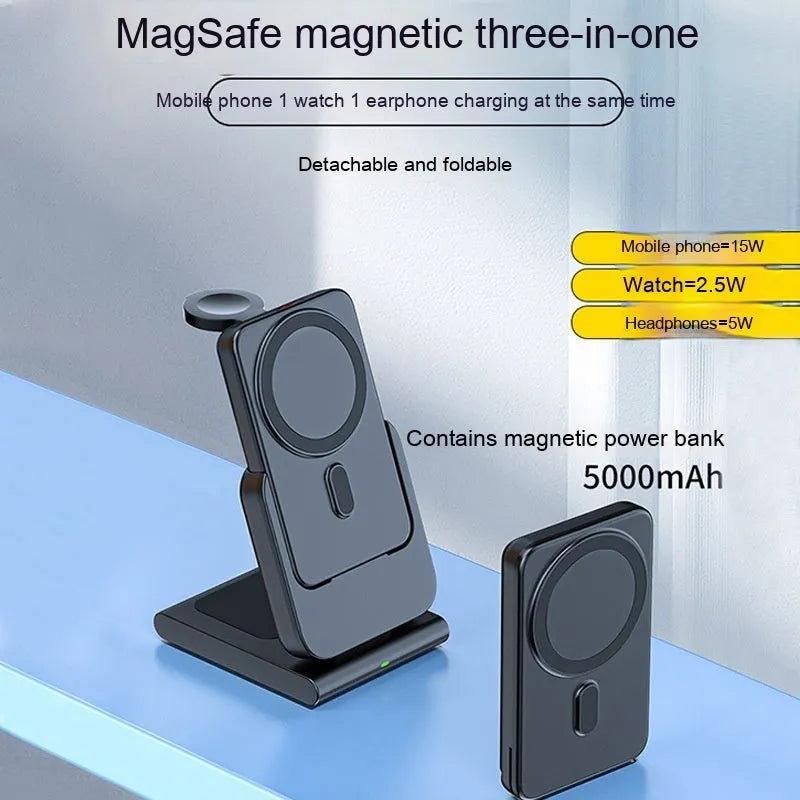 Three-in-one magnetic power bank with folding bracket charging iPhone 12-14 Apple Watch and AirPods wirelessly