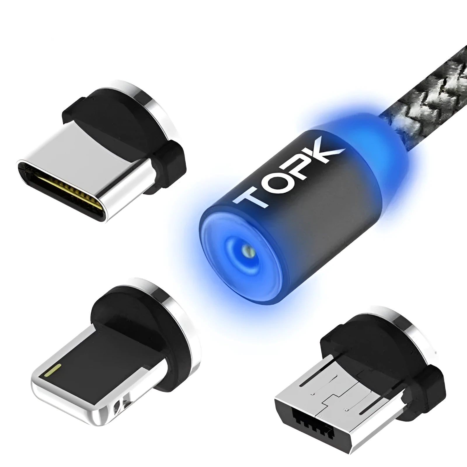 Aluminium alloy magnetic charging cable with three detachable plugs for Apple, Android, and Type-C devices.