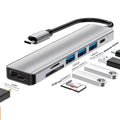 Silver USB Type-C 7-in-1 expansion dock with HDMI port and 15cm attached cable on a desk.