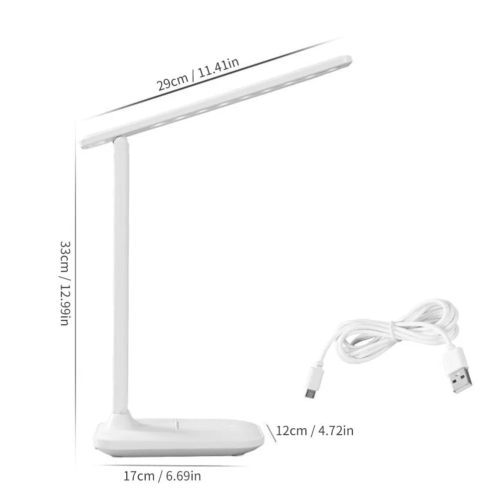 White touch dimming eye protection bedside lamp with USB charging port.