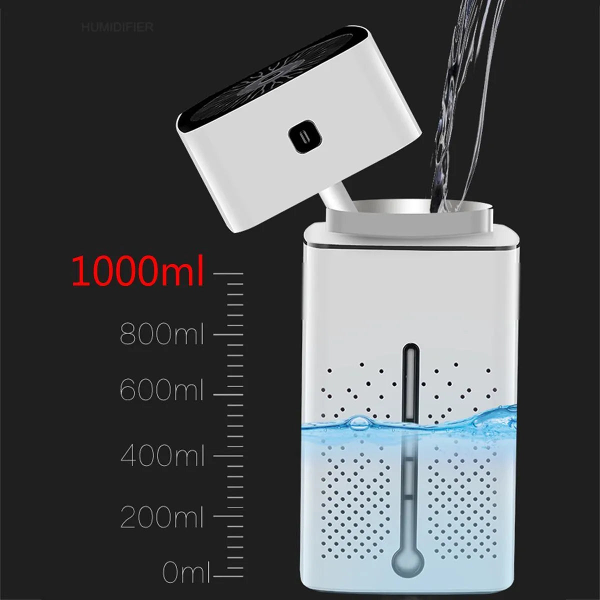 Black and white desktop USB humidifier with 1000ml water tank on a wooden desk.