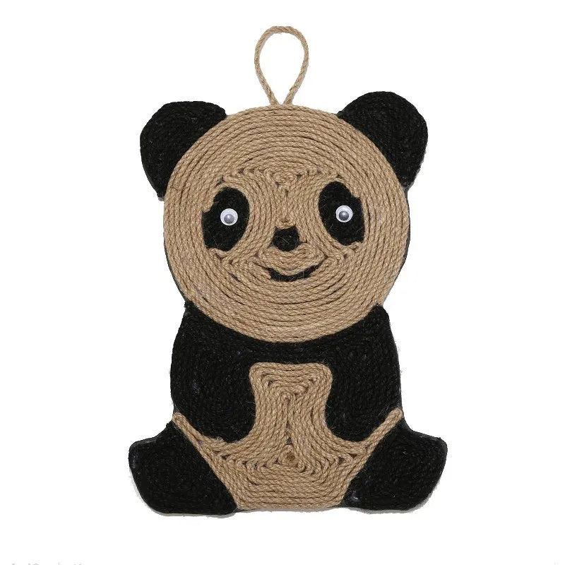 Panda pattern cat scratching mat with sisal surface on grey EVA base, showing dimensions.