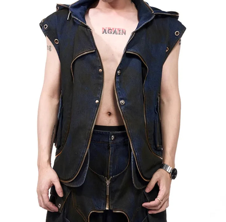 Blue hooded denim vest coat with matching trousers in Korean heavy industry deconstructs style