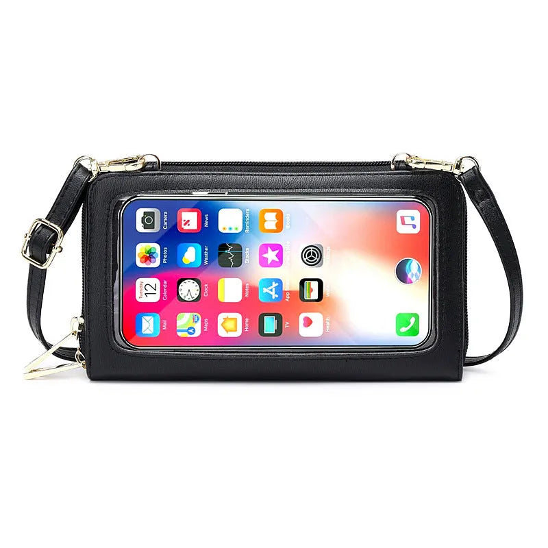 Touch screen phone bag crossbody anti-theft swiping long wallet in PU leather, 20.5x5x12 cm, available in multiple colours