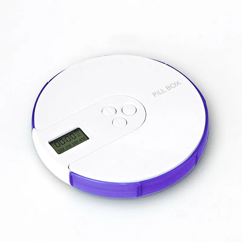 Blue 7-compartment weekly pill organiser with built-in digital alarm clock display, showing 11cm size.