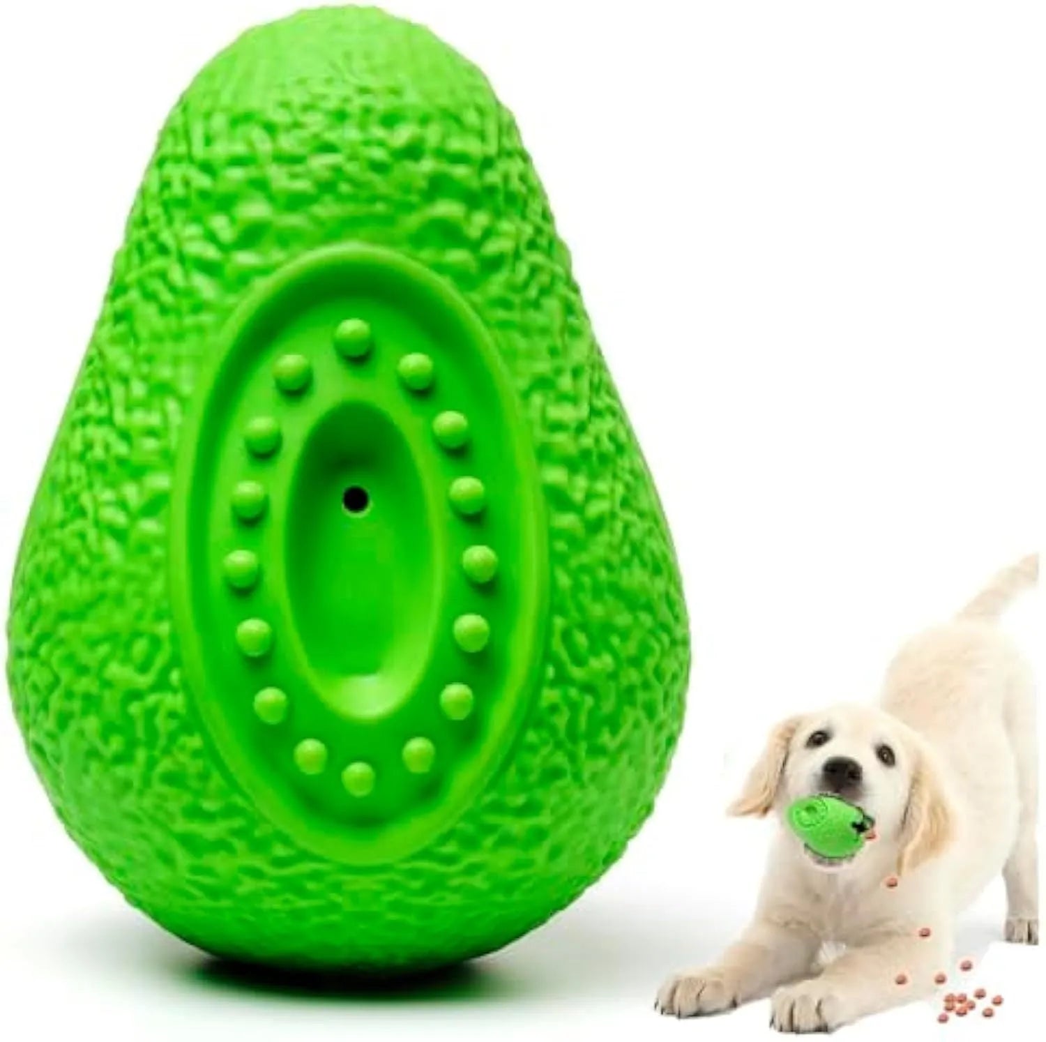 Green avocado-shaped heavy duty rubber dog chew toy for aggressive chewers on a white background.