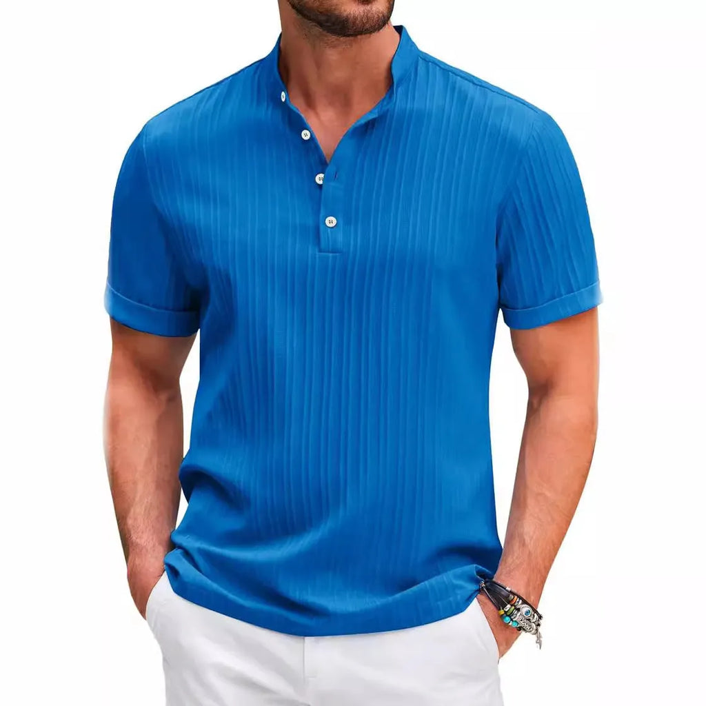 Men's summer short sleeve polo shirt with stand collar and buttons in solid colour stripe, loose fit, black colour option