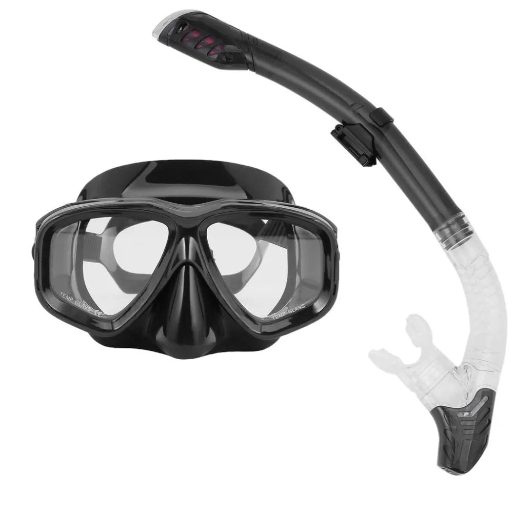 Black diving mask with anti-fog lens, PC frame, silicone strap, and silicone mouthpiece.