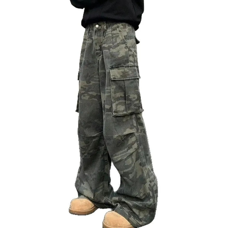 Men's olive and brown washed camouflage cargo trousers with multiple pockets on the thighs and sides.