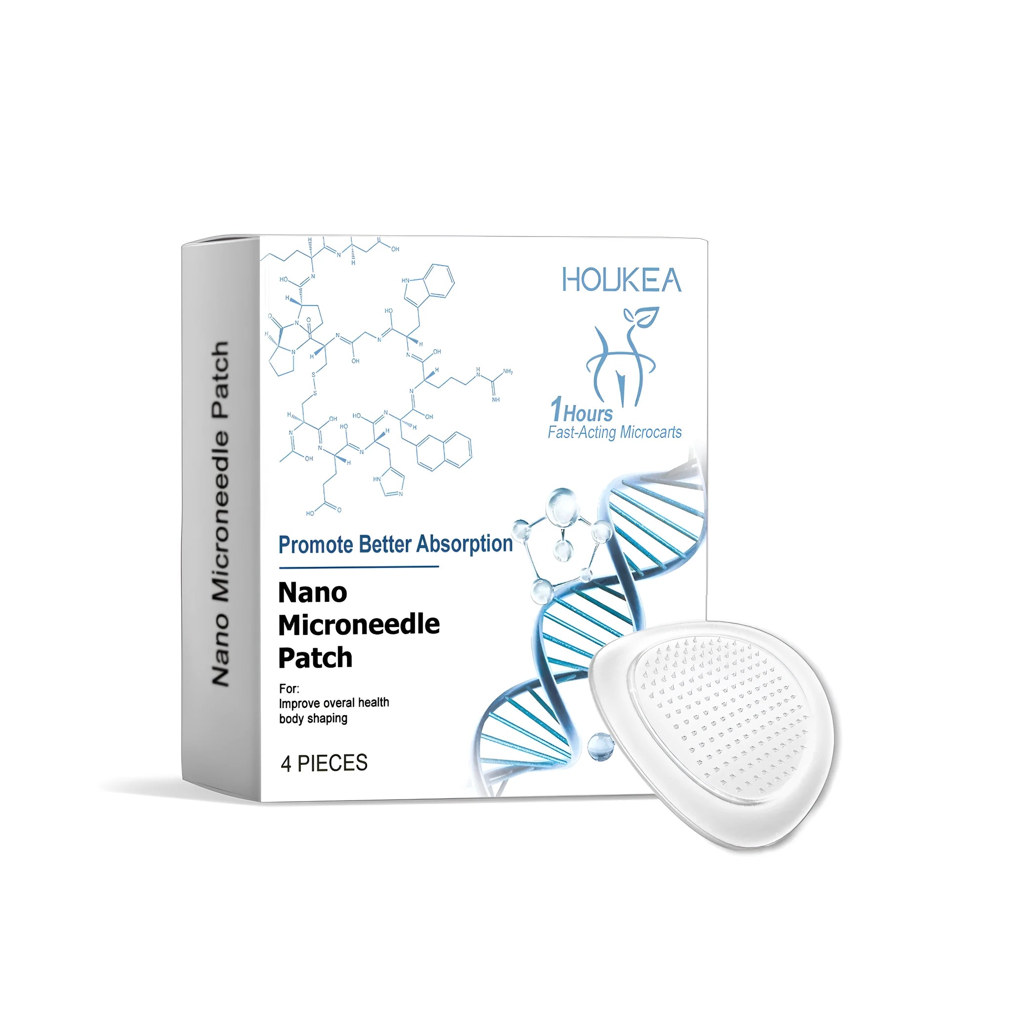 Four nano microneedle patches in a pack, showcasing botanical active ingredients.